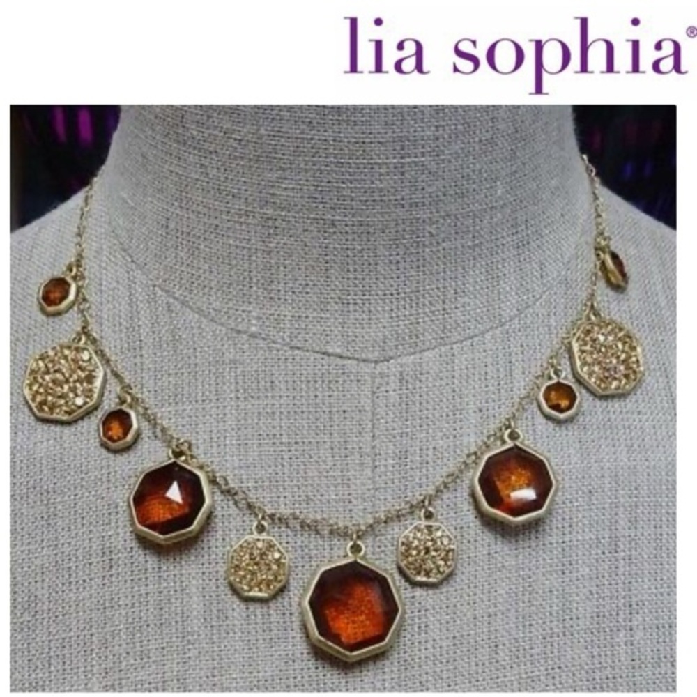 Lia Sophia Signed NWT Amber Gold and Brown Gold Chain Necklace 16-19” Re…